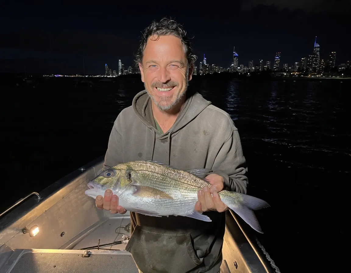 an angler holding a bream caught at night under a boat deck light